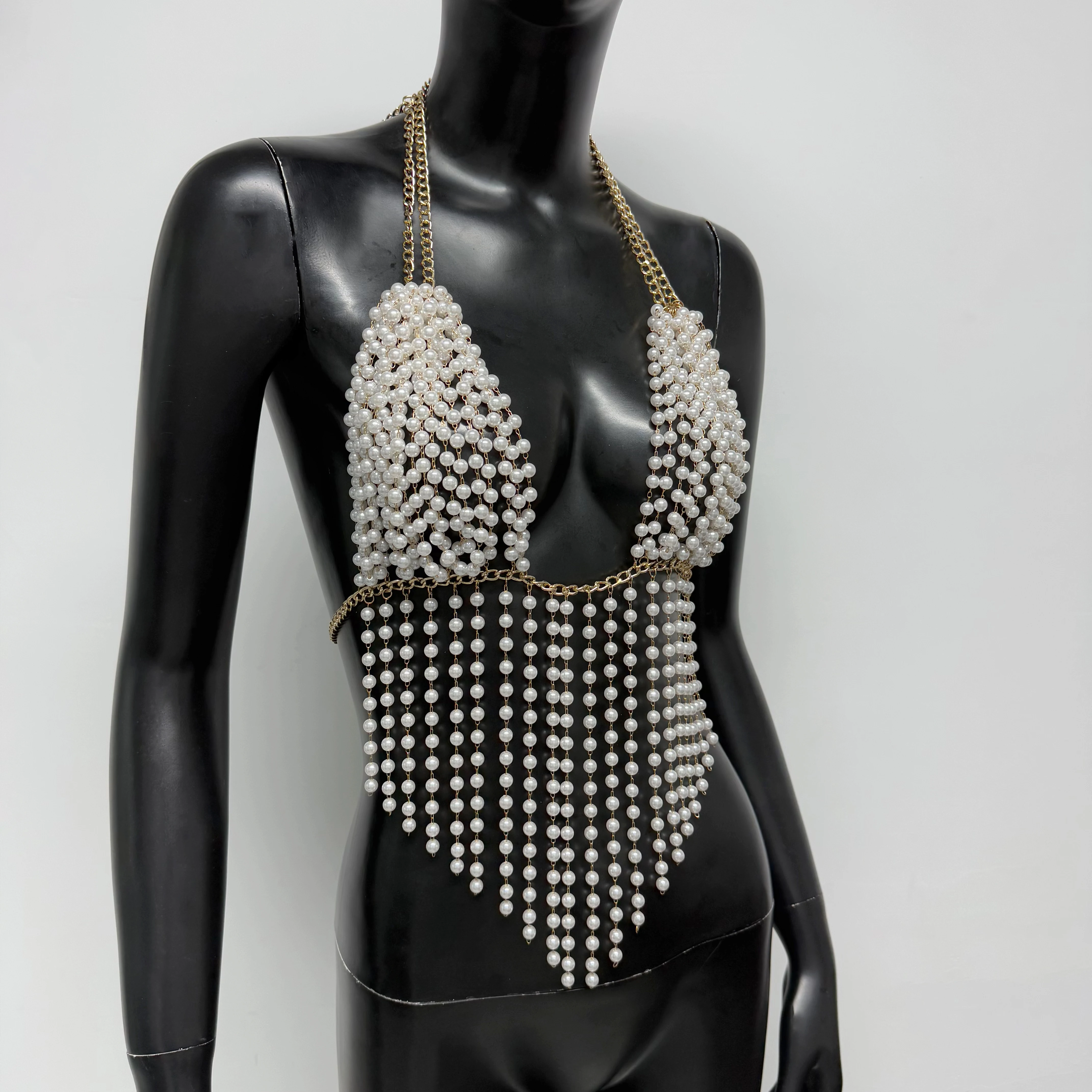 

Dazzling Pearl Sequins Tassel Chain Crop Top Sexy Deep V Neck Hollow Backless Halter Neck Camisole Rave Party Nightclub Tank Top