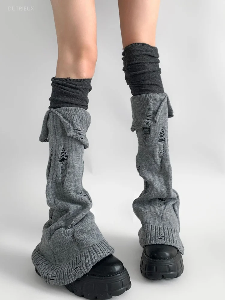 Japanese Lolita Y2k Solid Color Leg Warmers Women Ripped Vintage Foot Heel Warm Knitted Knee High Socks Legging Gaiters Cover