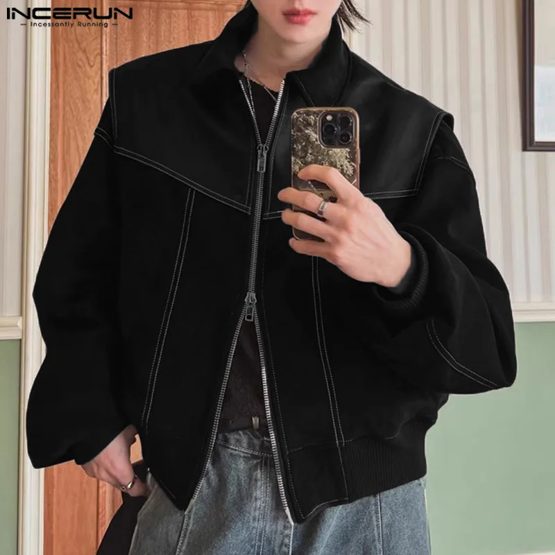 

INCERUN Tops 2025 Korean Style Men's PU Leather Suede Spliced design Jacket Casual Strreetwear Male Fake Two-piece Jacket Coats