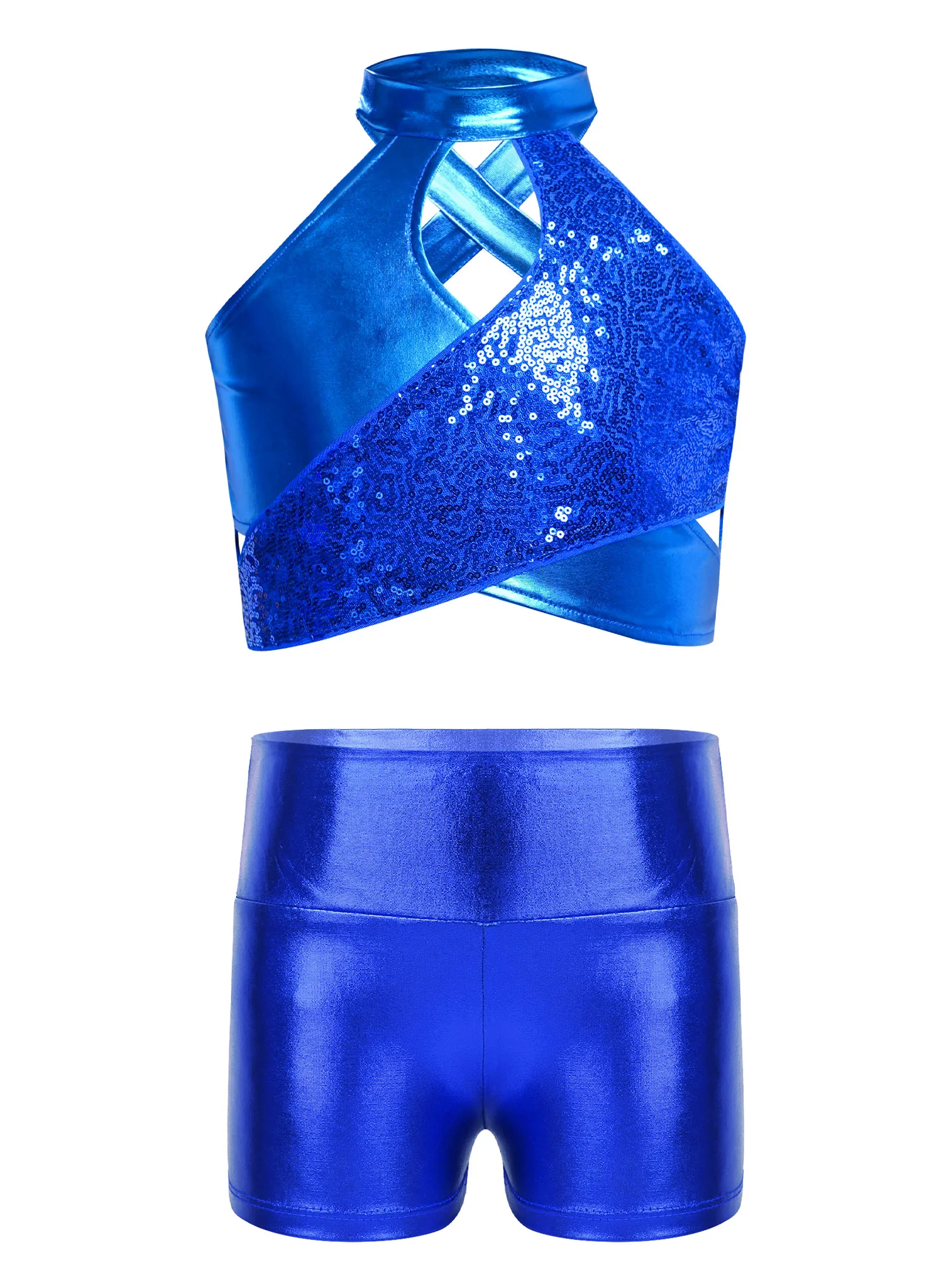 Kids Girls Jazz Dance Vest Top  with Skirted Shorts Set Cross Keyhole Sequins  Crop Top for Latin Ballroom Dance Costume