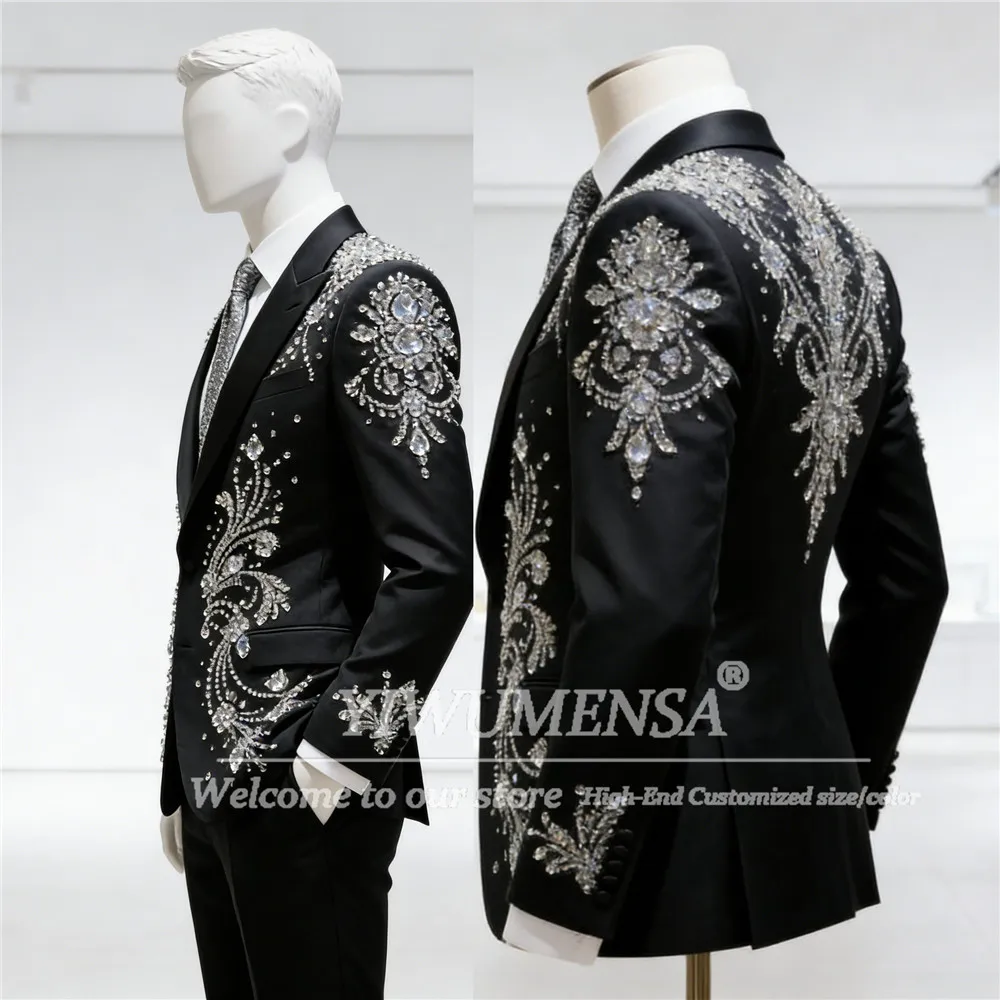 

Luxury Jewelry Stones Ornament Suits Men Slim Fit Single Breasted Jacket Pants 2 Piece Set Groom Formal Party Wedding Tuxedos