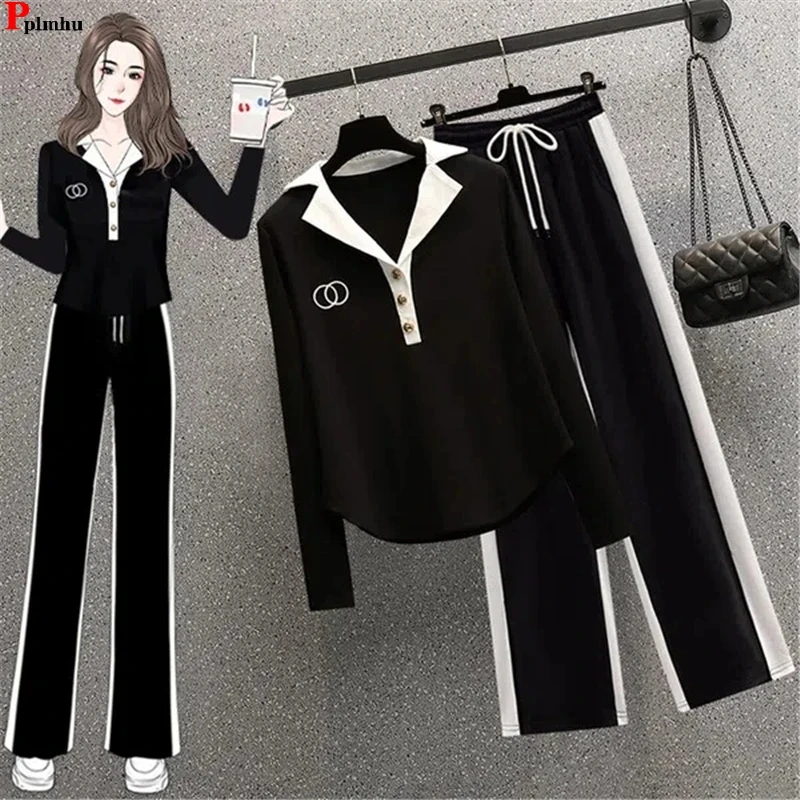 Big Size 80kg coreano 2 pezzi Set Casual manica lunga Pullover Ensemble Femme gamba larga pantaloni della tuta tuta donna nuovi abiti larghi