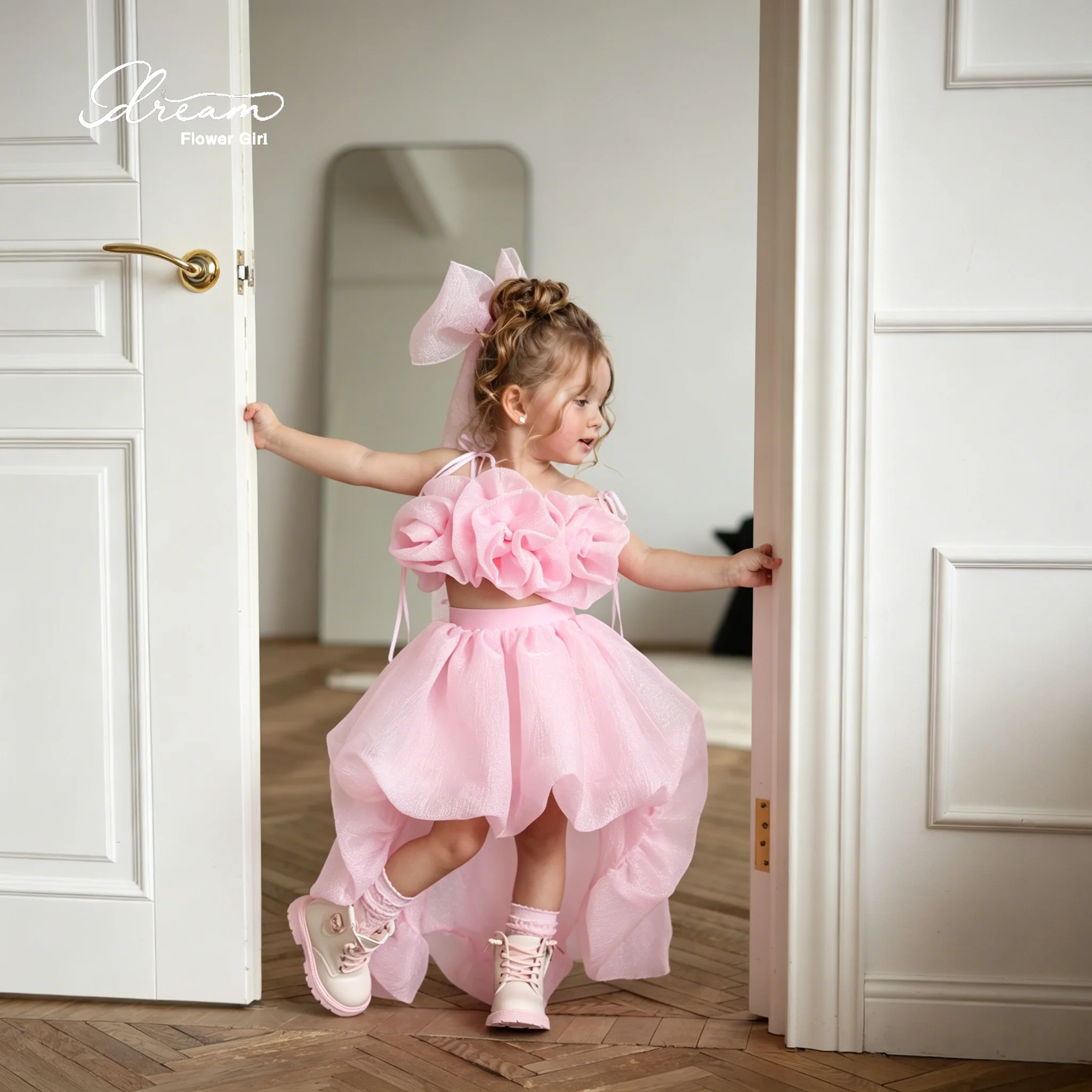 Adorable flower girl pink halter dress with train set, formal ball gown, featuring floral designs and irregular hemline.