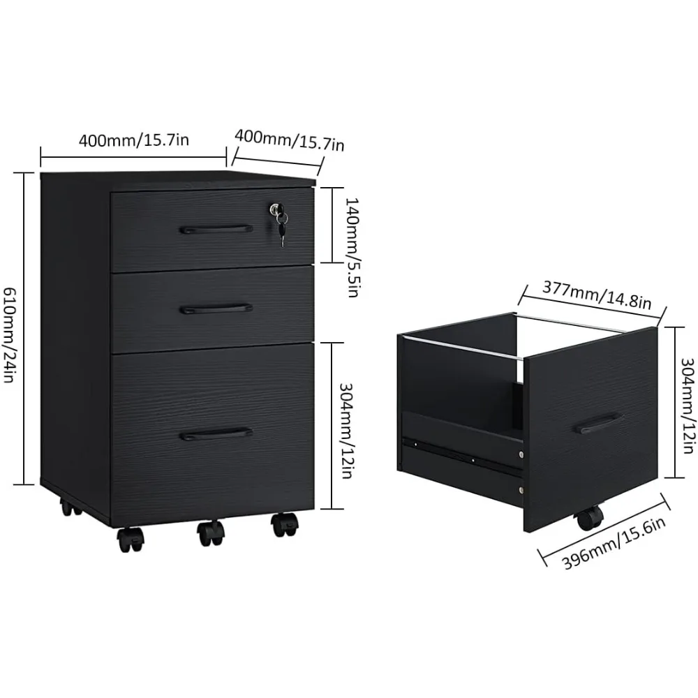 3 Drawer Wood Mobile File Cabinet, Under Desk Storage Drawers Small File Cabinet for Home Office Easy To Clean (Black)