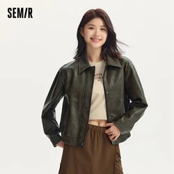 Semir Coat Women Collar Loose Cool Style High Street 2024 Autumn New Retro Textured Cool PU Leather Jacket