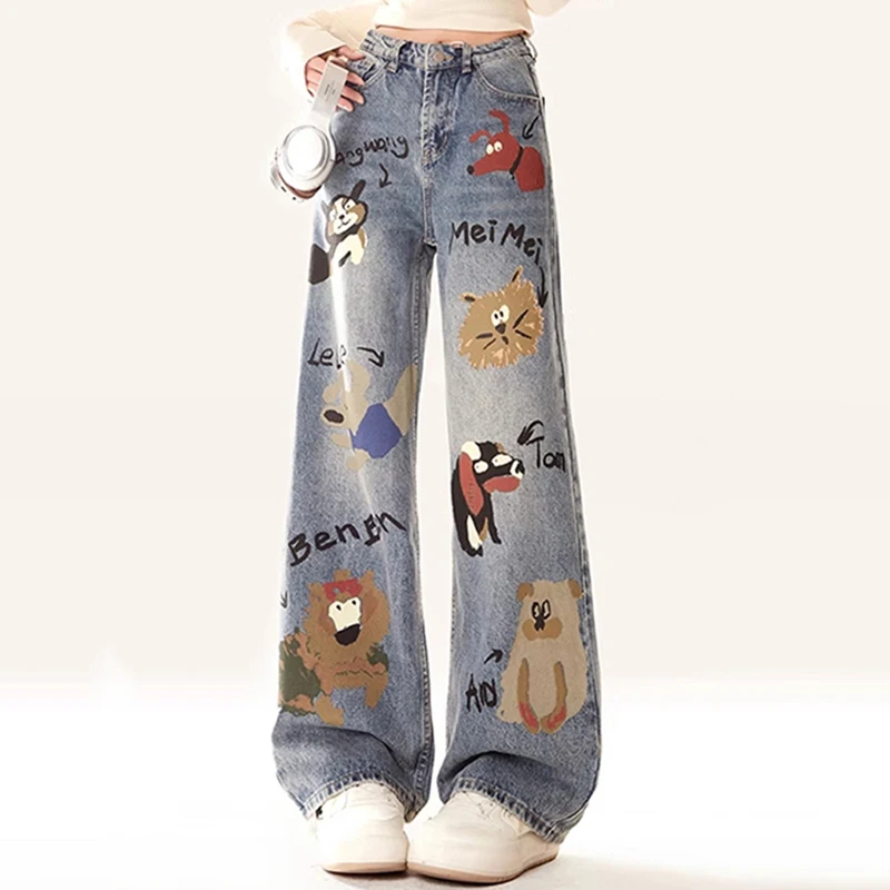 WTHT Mode Cartoon Print Ontwerp Rechte Denim Broek Voor Vrouwen 2025, Zomer Hoge Taille Wijde Pijpen Jeans Vrouwelijke Trendy 1LS1901