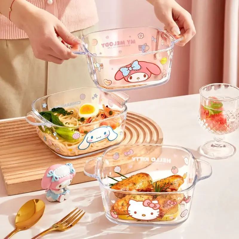 

Sanrio Kawaii Hello Kitty Binaural Glass Bowl My Melody Cinnamoroll Anime Cartoon Fashion Household Tableware Salad Yogurt Bowls