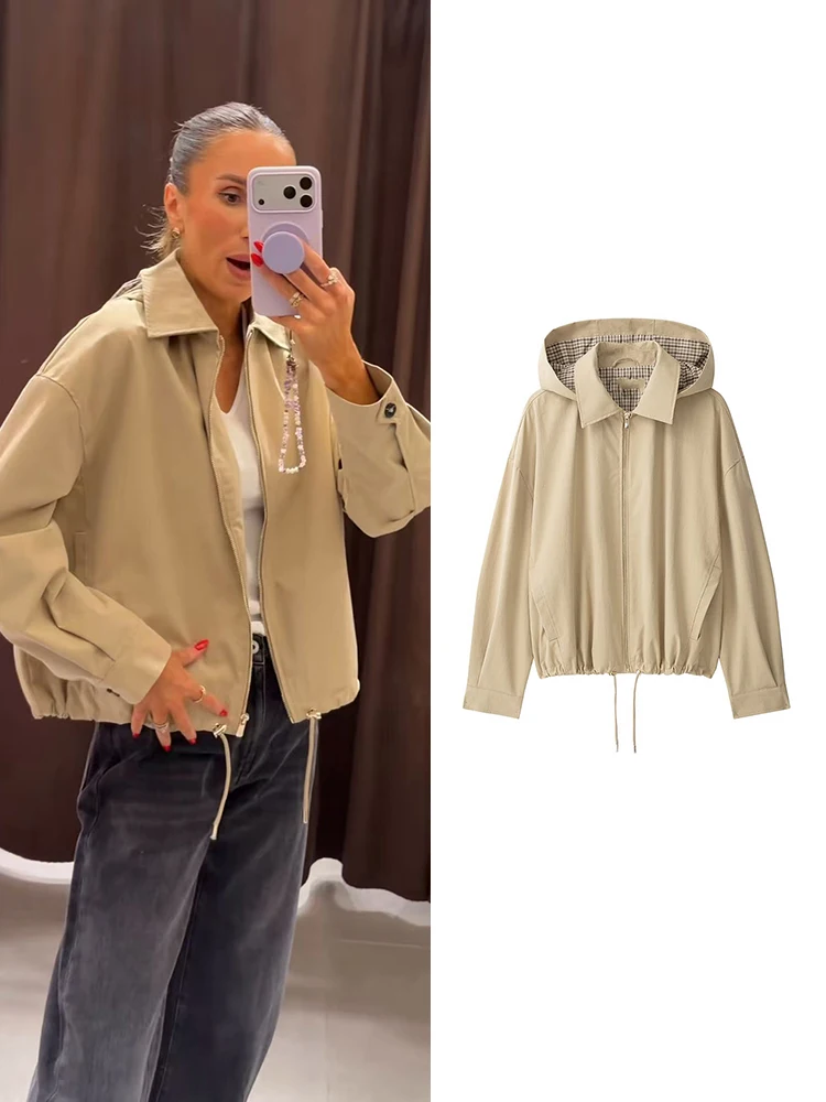 TFMLN Casual Hooded Jacket for Women Solid Color Lapel Zipper Outer Coats Autumn New Ladies Loose Fit Long Sleeve Jacket