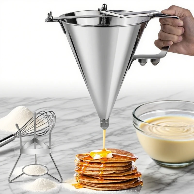 

Pancake Batter Dispenser with Stand, Stainless Steel Pouring Tool for Cupcakes Muffins, Easy Fill No Mess Kitchen Gadget