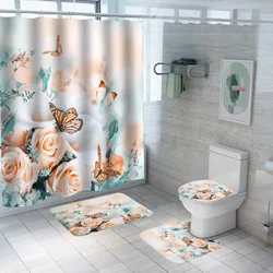 Pink Blue Rose Butterfly Shower Curtain Set Bathroom  Bathing Screen Anti-slip Toilet Lid Cover Carpet Rugs Home Decor