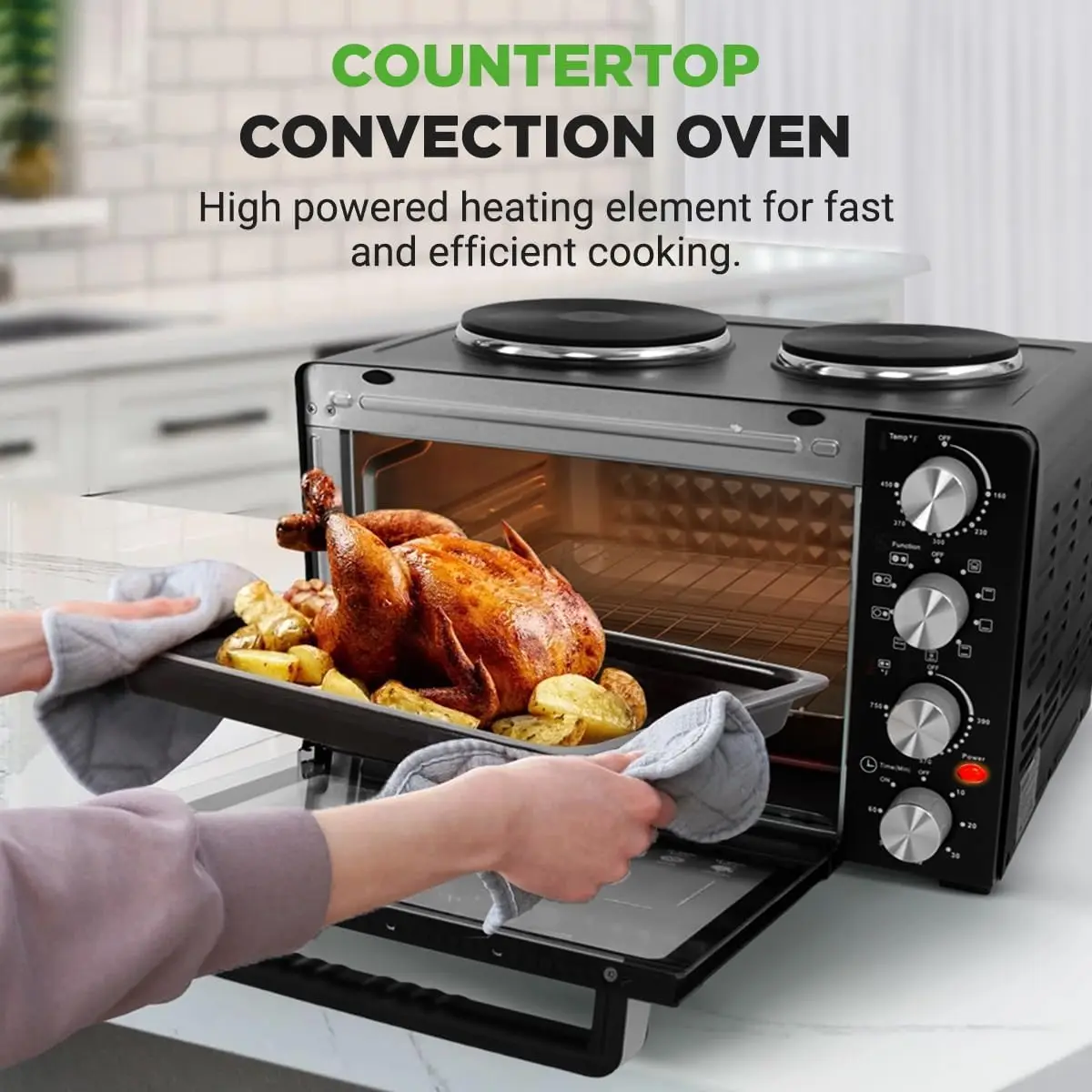 30 Quart 1500W Combination Convection Oven and Cooker with Dual Hot Plates, Multipurpose Kitchen Appliance Offering 7 Cooking Mo
