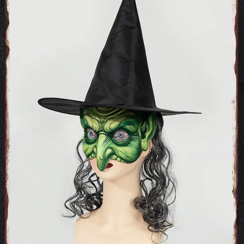 Halloween Hexen masken Cosplay böse alte Dame Party Kostüm Zubehör Eva Masken gegen Perücke großen spitzen Hut Karneval Maskerade Requisiten – Detail 4