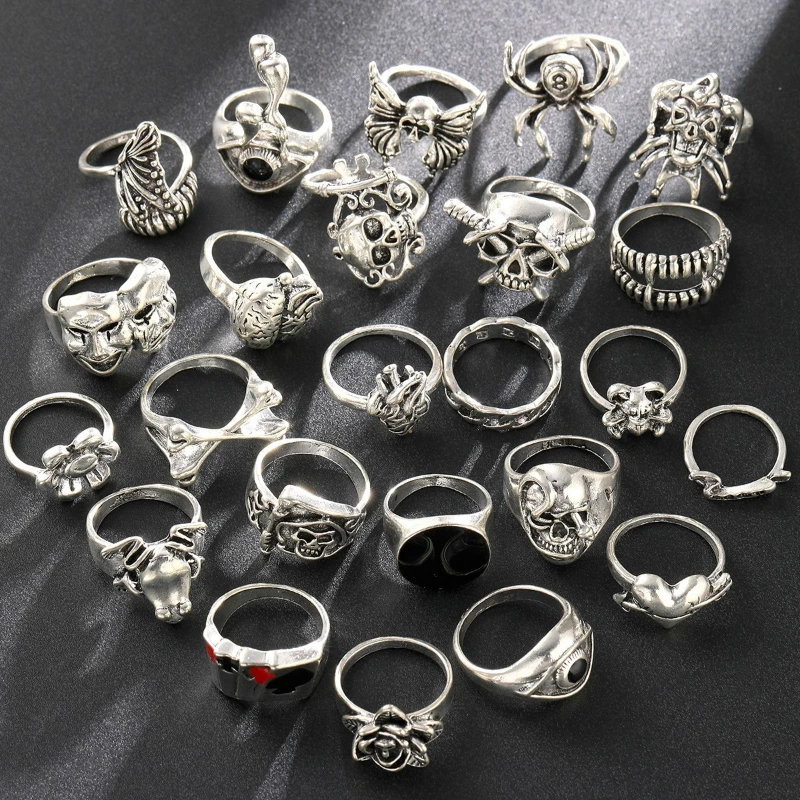 New Gothic Skull Clown Ring Set, Personalized Punk Hip Hop Trend Holiday Party Accessories Gift Set 24 Pieces/set