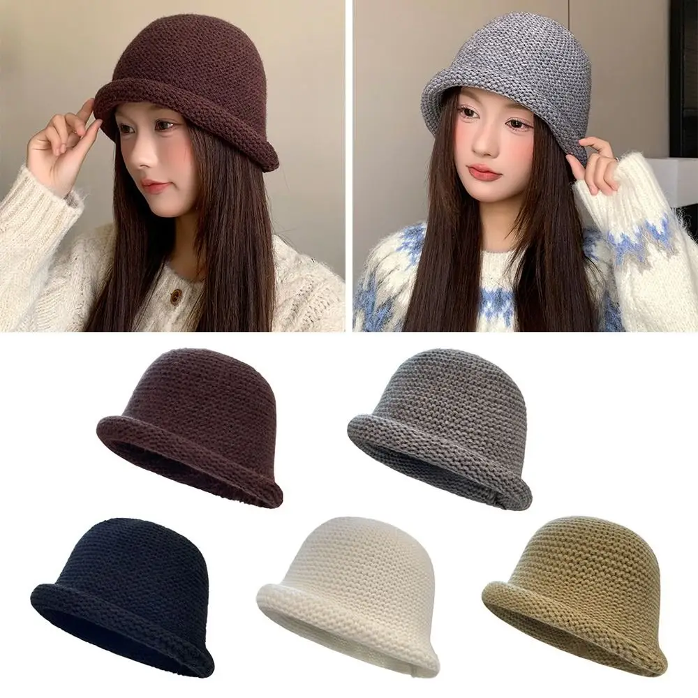 Fashion Warm Winter Hat Windproof Knitted Bucket Cap Curl Coarse Wool Soft Basin Cap for Women