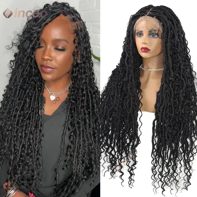 

Synthetic Boho Full Lace Front Braided Wigs for Women Butterfly Locs Braiding Wig Curly Hair Bohemian Knotless Box Braids Wig