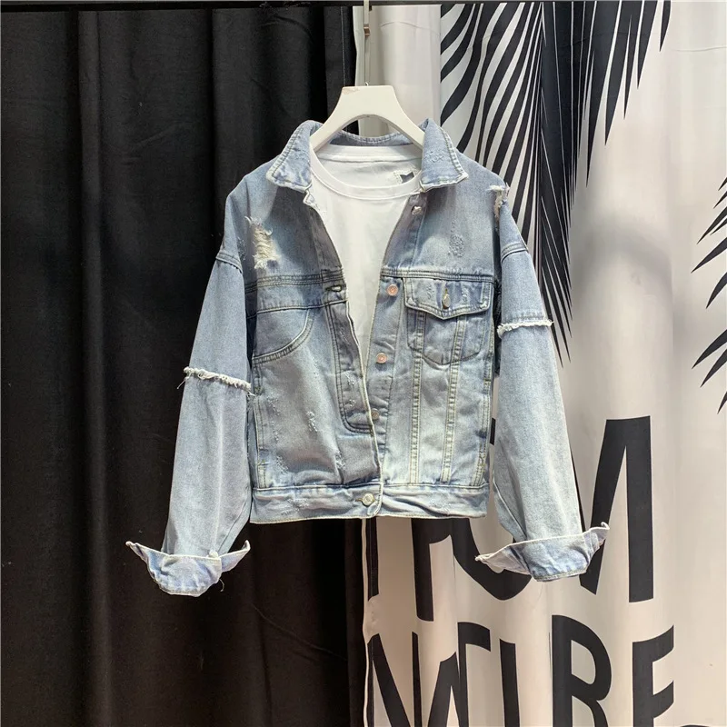 FNOCE 2023 new spring women's ripped jeans jackets fahion trends streetwear personality solid long sleeve slim hole denim coats