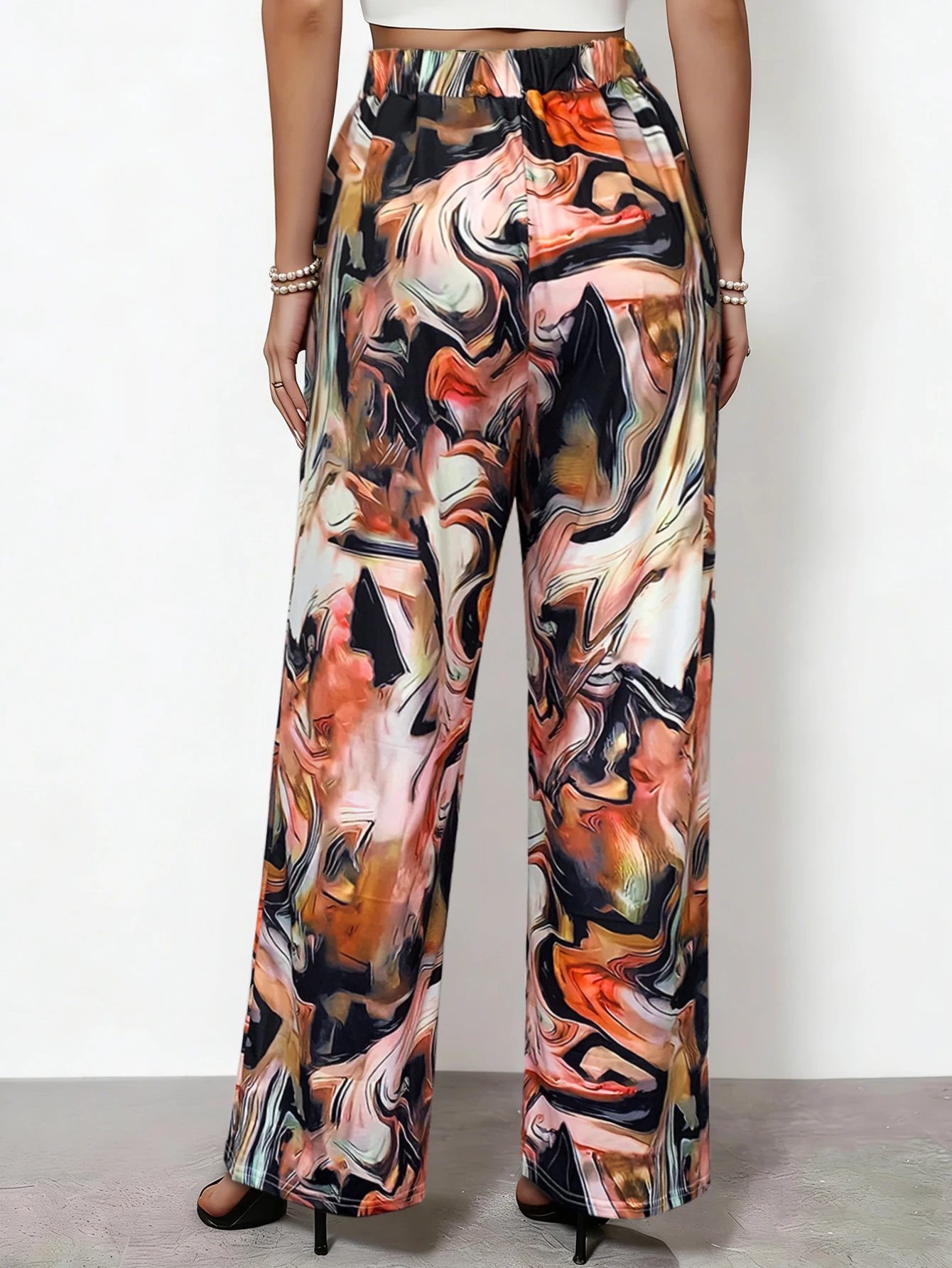 Women Abstract Print High Waist Wide Leg Pants Loose Flowy Casual Vacation Beach Trousers With Pockets Standard Size