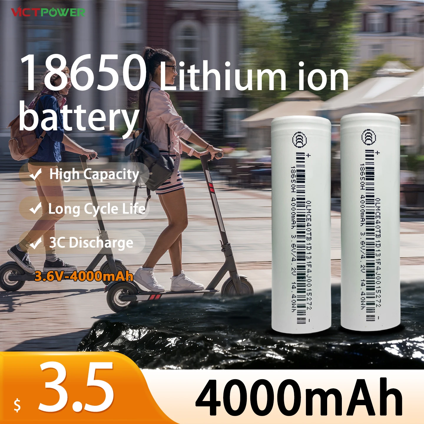 3.7V 18650 Li-ion Battery 4000mAh 3C Discharge High Power Lithium Cell for Electric Bike Scooter E-bike Power Tool DIY Pack