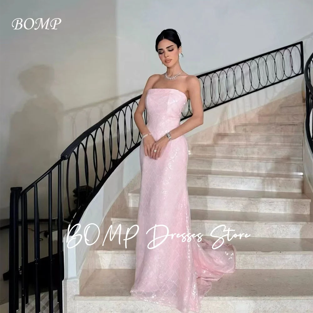 

BOMP Exquisite Pink Sequin Evening Dresses Strapless A-Line Sweep Train Saudi Arabic Formal Occasion Gown Party Dress Customized