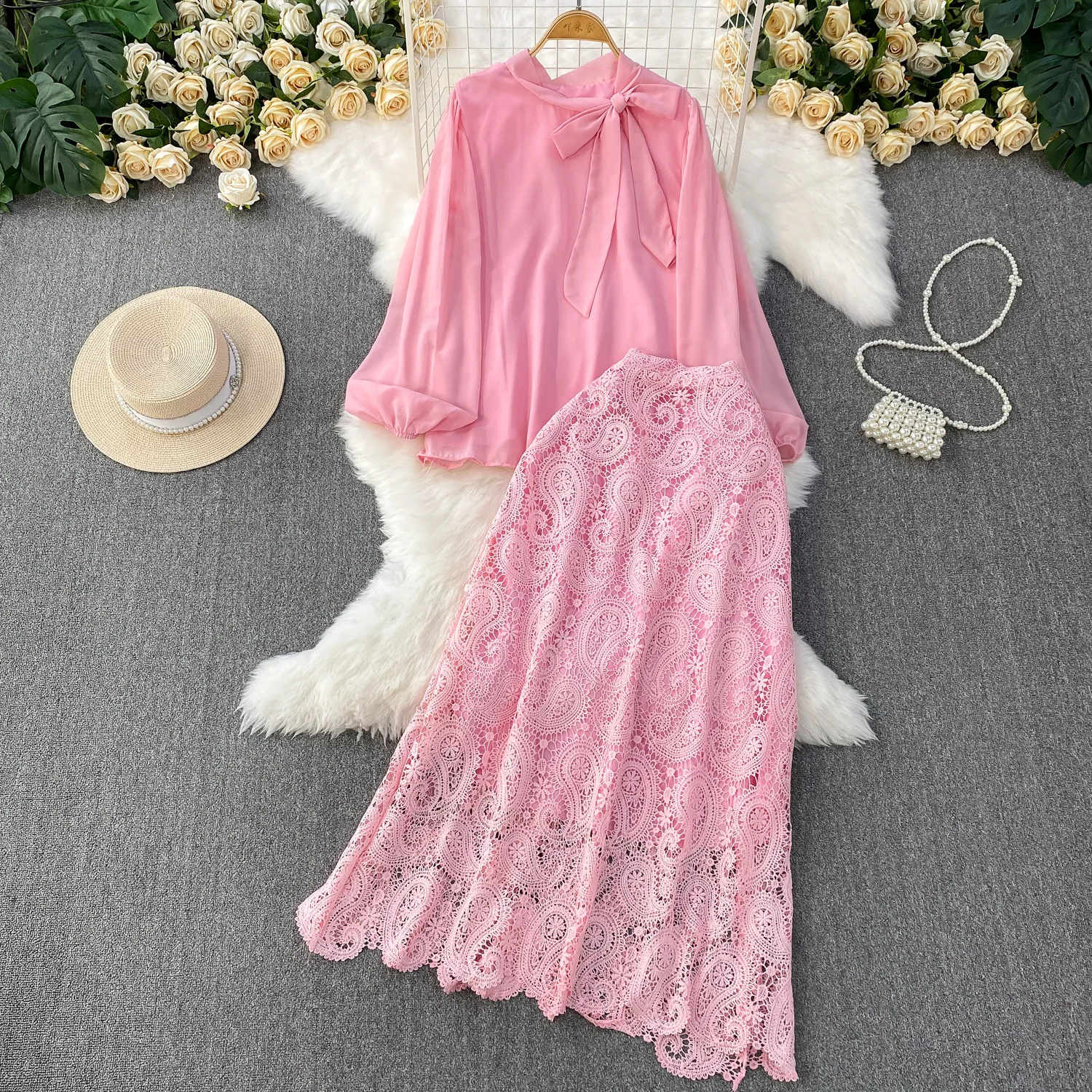 

Women Two Piece Sets Skirt Set Round Neck Lantern Sleeve Tops Long Skirts Lace Slim Fit A Line High Waist Y2k Streetwear Elegant