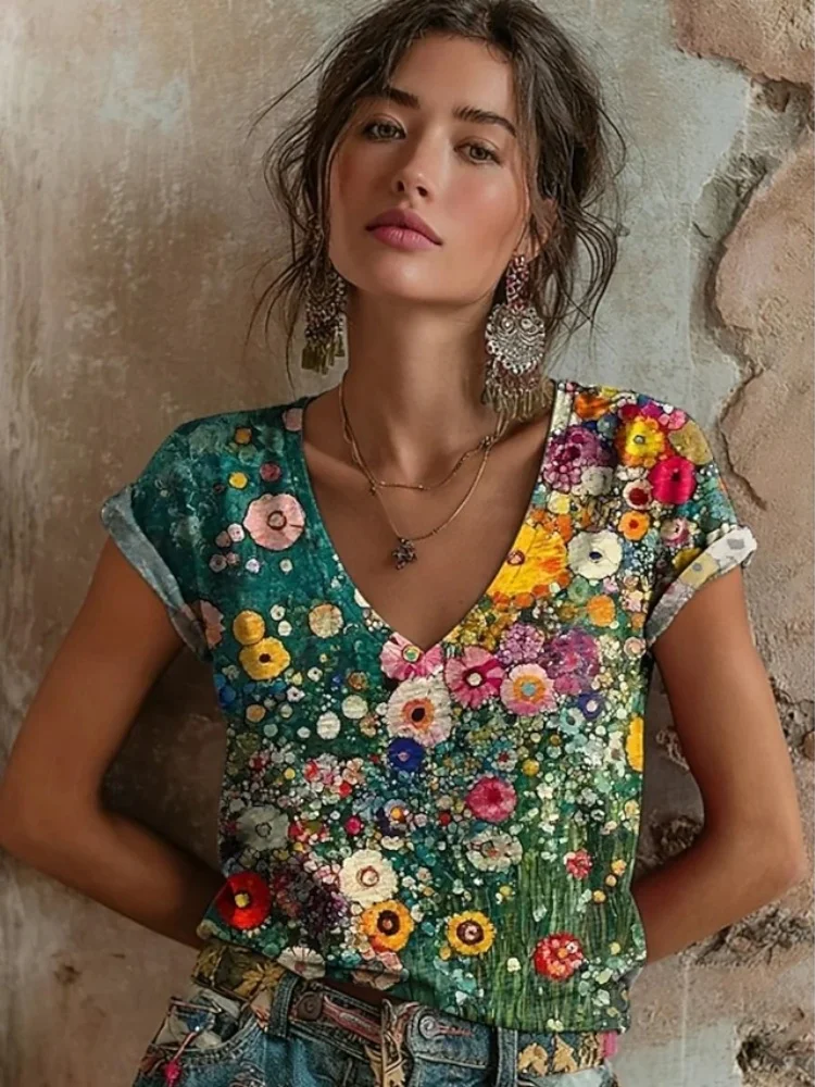 2026 Women's Tops Women's Floral T-Shirt Summer 2026 Short Sleeve Casual Loose Vintage Streetwear Fashion Clothes for Woman