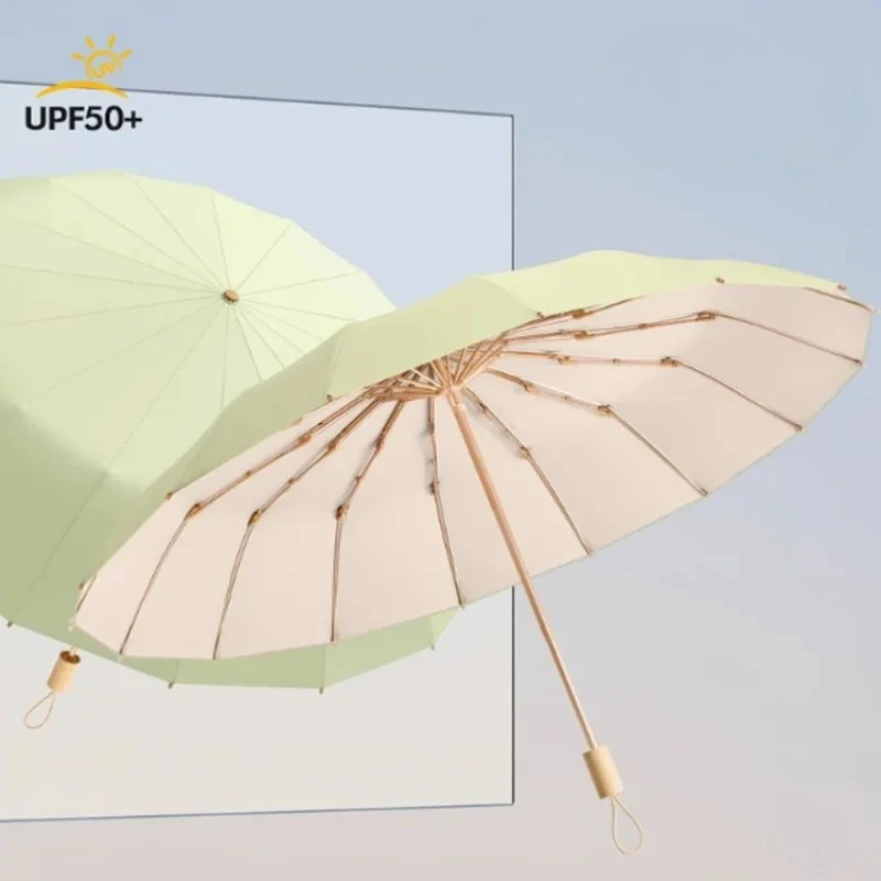 Folding Sun Umbrella Women UV UPF50+ Protection, Windproof 16 Bone, Color Glue Sun Protection Parasol Rain and Shine Umbrellas