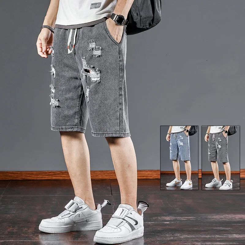 Shorts jeans finos e rasgados para homens, calças retas, soltas, tendência de rua alta, roupas casuais, verão, Y2K, 2023