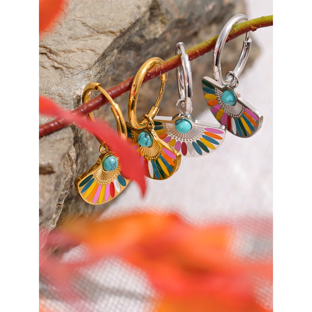 Yhpup Y2K Colorful Enamel Stainless Steel Fan Geometric Bohemian Rainbow Drop Hoop Earrings Women Trendy Fashion Charm Jewelry