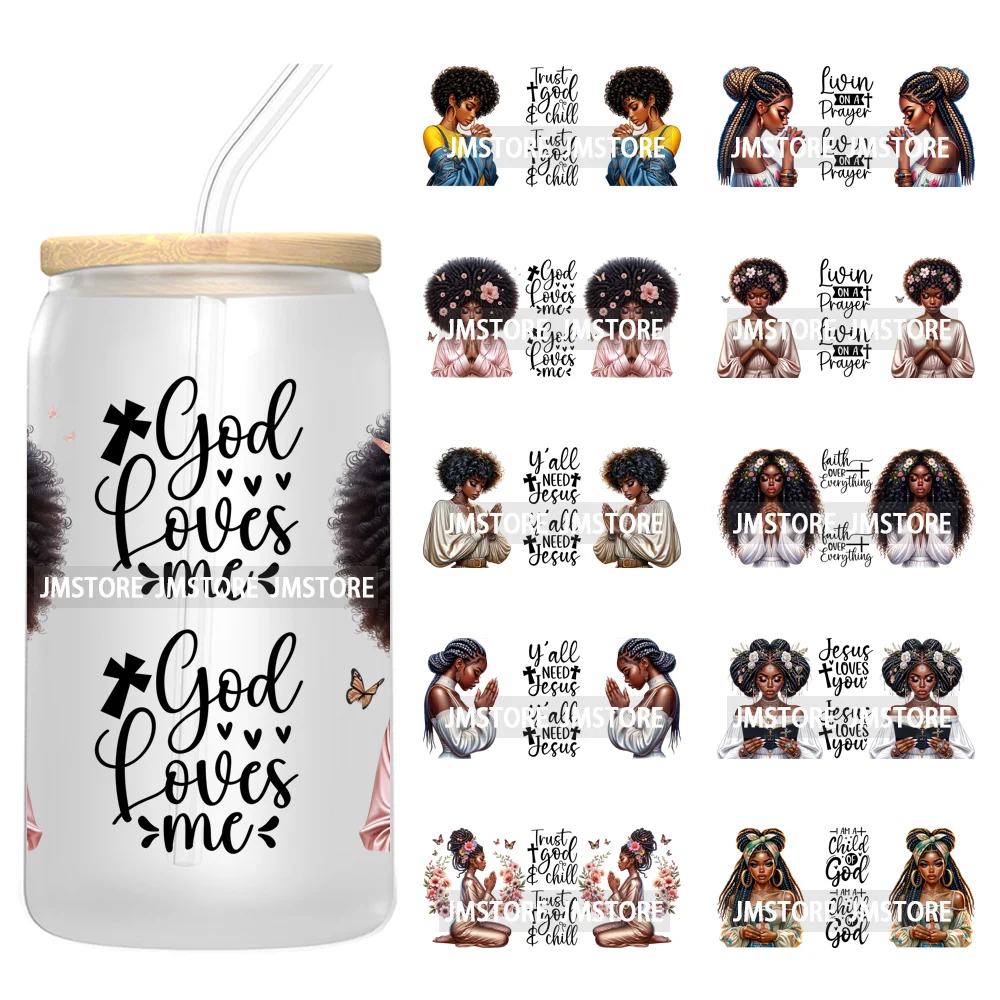 

God Bible Verse Blessed Black Girl Christian Quotes 16OZ UV Cup Wrap Custom Transfer Stickers Waterproof For Libbey Glass Can