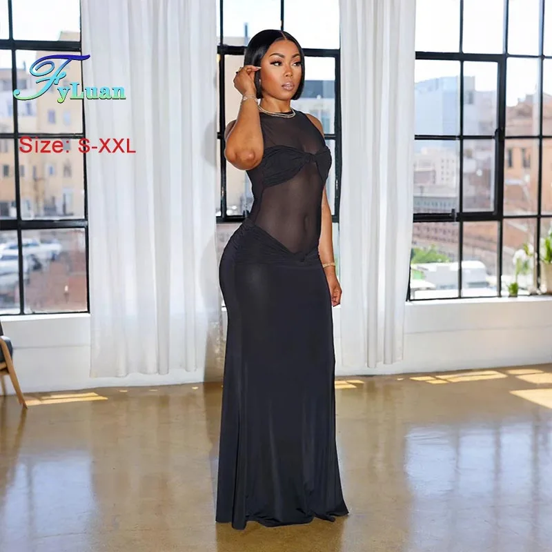 2025年新作 ブラック レディース ロングドレス セクシー シースルー メッシュ ボディコン ドレス ラウンドネック ノースリーブ マキシドレス ファッション パーティー イブニングドレス