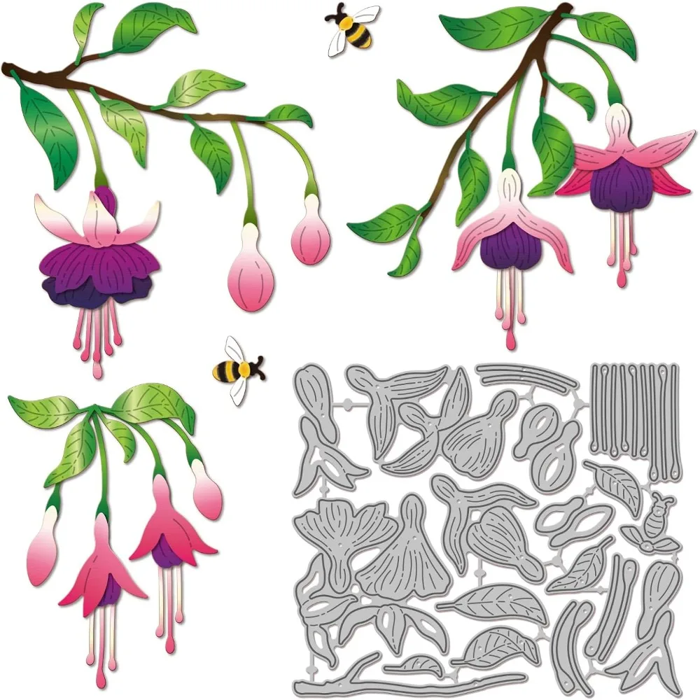 Fuchsia-Blumen Stanzformen für Kartenherstellung, Bienen-Pflanzen Metall-Stanzformen, Frühlingsgarten Blumen-Blatt-Stanzformen für DIY-Prägung