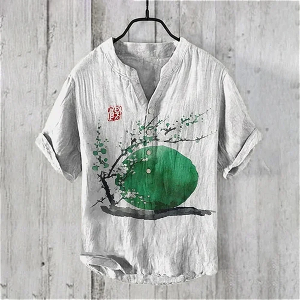 New Men's Short Sleeve Linen 3D Printed Shirt Hot Sale Artistic V-Neck Daily Casual Shirt Men's Fashion Street Shirt S-5XL