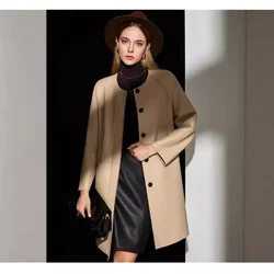 Women's High-end Apricot Popular Color Sheepskin Round Neck Loose Mid-length Genuine Leather Jacket Windbreaker Fashionable Coat