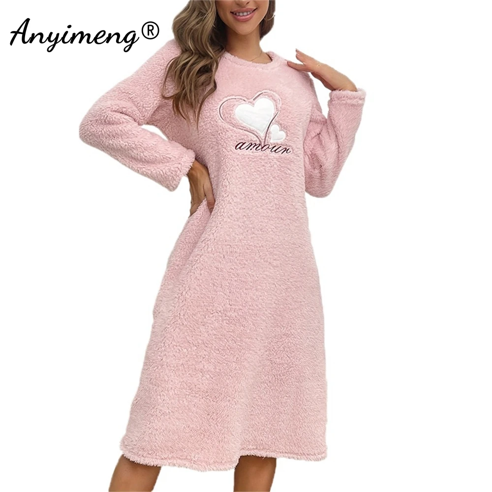 Flannel Night Gown for Women Winter Long Sleeves Heart Print Nightgowns Woman Soft Sleepshirt Pink Pullover Pajama Dress