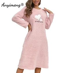 Flannel Night Gown for Women Winter Long Sleeves Heart Print Nightgowns Woman Soft Sleepshirt Pink Pullover Pajama Dress