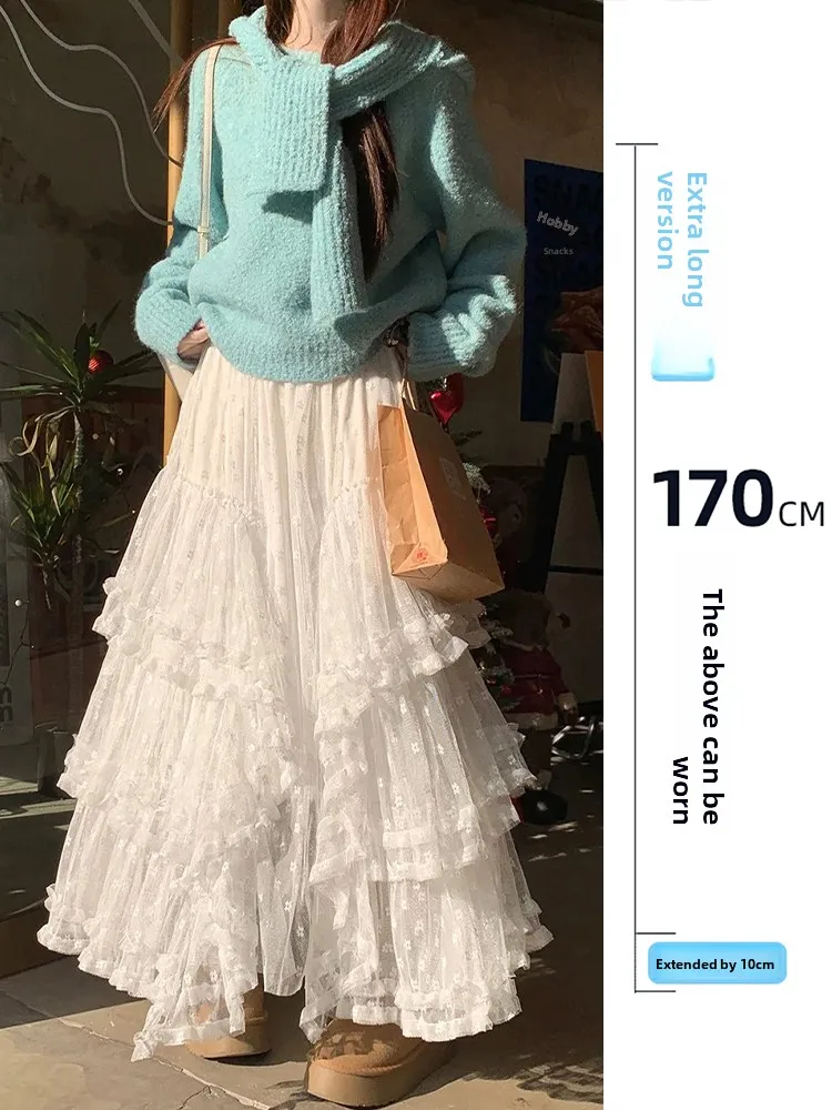 

Extended Lace Splicing High Waist Half-length Skirt Women's Spring Autumn 175 Tall Large Swinging Sensation Slimming Umbrella...