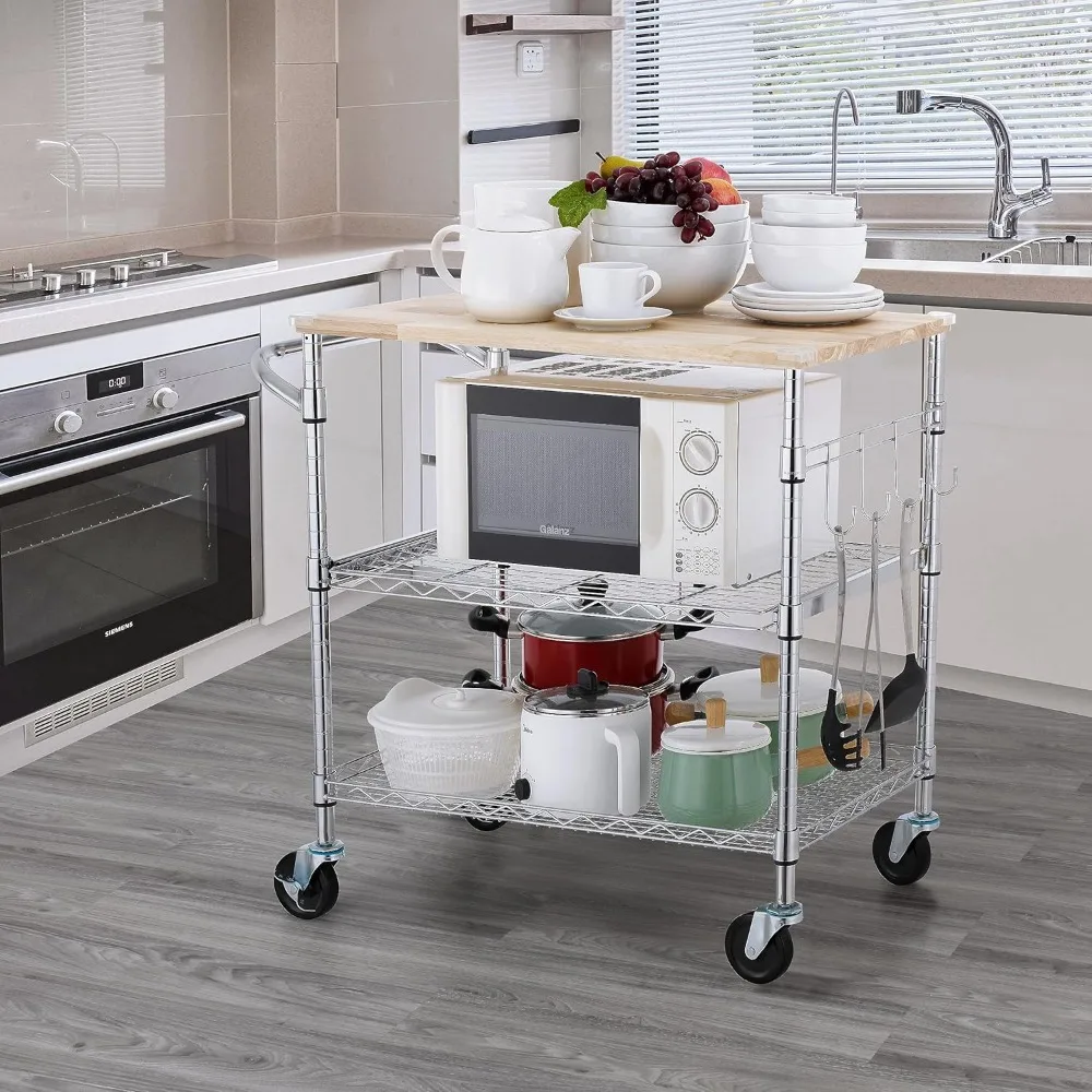 

3-Tier Rolling Kitchen Cart with 18" D x 30" W Oak Wood Tabletop, Kitchens Island Cart with 4" Wheels and Kitchen Island