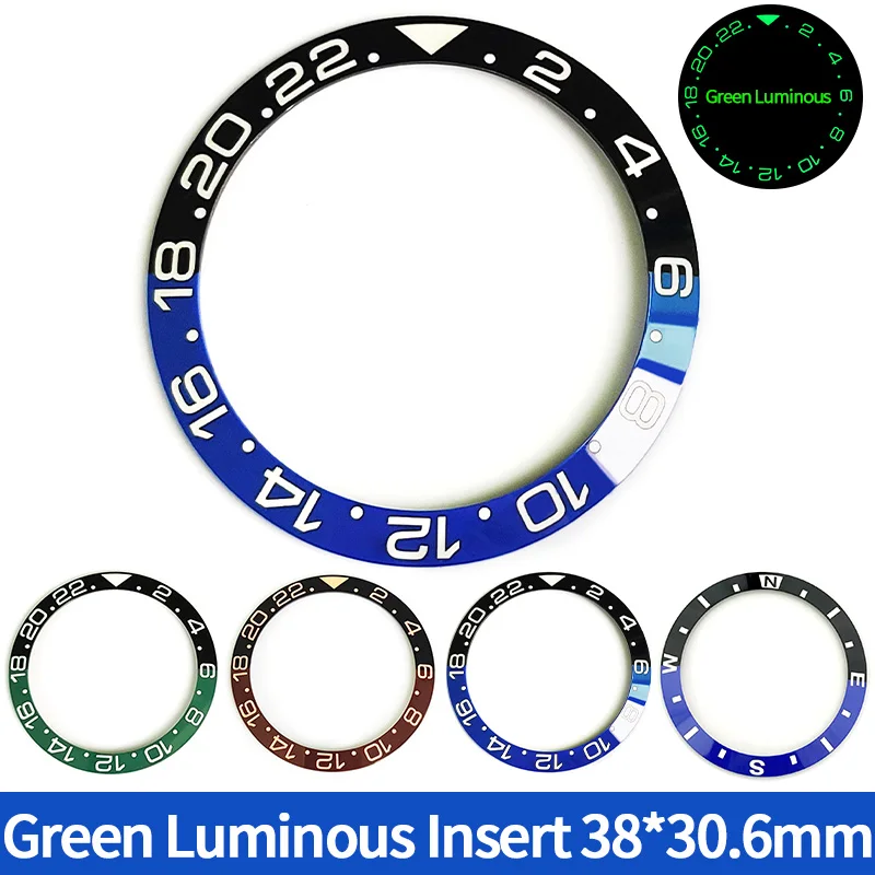 Green Luminous Ceramic Insert 38*30.6mm Sloped Bezel Inserts Ring Fits SKX Crystal 31.5*30.5mm GMT-Master MOD Watch Parts