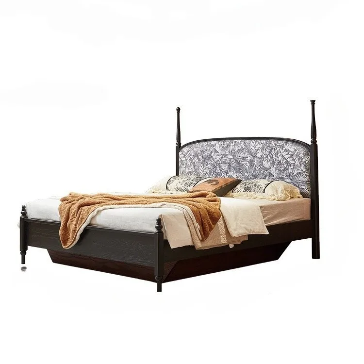 

Кровать из цельного дерева в средневековом стиле, двуспальная французская мягкая сумка из цельного дерева 1,8 метра, французская кровать с высокой спинкой, кровать для главной спальни