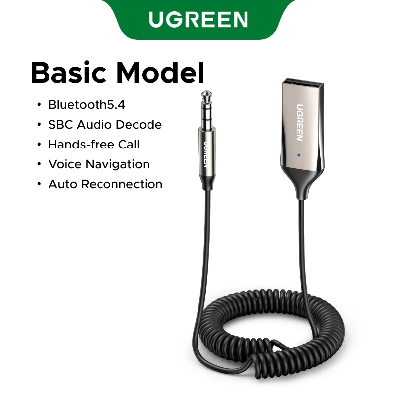 UGREEN Bluetooth 5.3 Handsfree Adapter Bluetooth 3.5mm AUX Muziek Navigatie Streaming Microfoon voor Gesprekken Auto