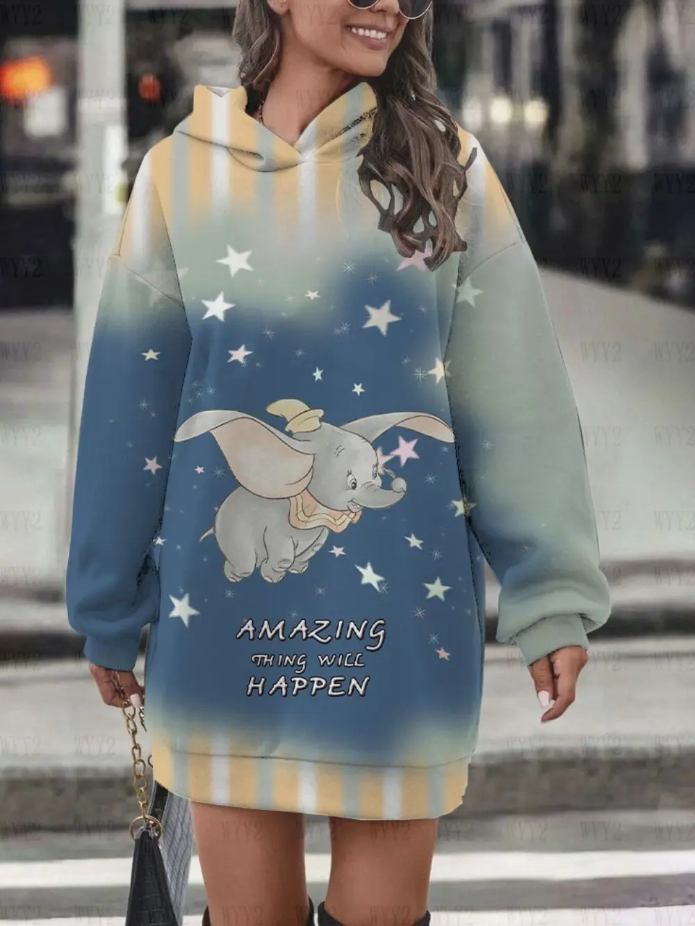 Street Style Clothing New Women's Casual Wear Autumn Winter Long Sleeve Hoodie Dress Disney Dumbo Cute Pattern