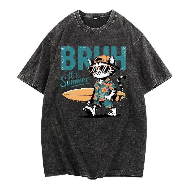 

Washed - Look T - Shirt: "BRUH It's Summer" with Cool Cat in Surfing Gear