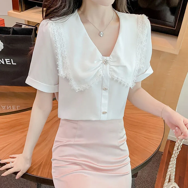 Sweet Fashion Lace Spliced V-Neck Solid Color Button Pullovers Summer Shirt Women\'s Clothing Casual Short Sleeve Ladies Blouses