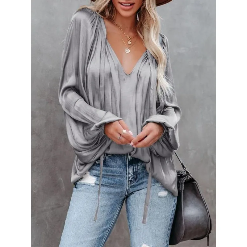 Plus Size Fashion Long Sleeve V Neck Office Casual Shirt Women Elegant Simple Loose Blouse Lady Pleated Solid Color Top