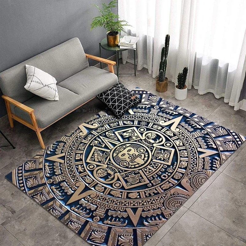 Alfombra de franela antideslizante con imagen vectorial del calendario Solar azteca de piedra maya de Ho MeLili para decoración del hogar
