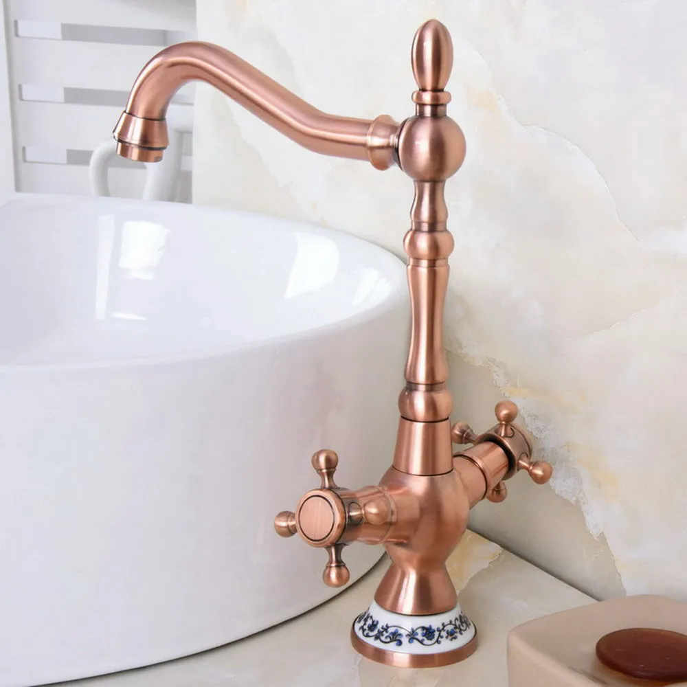 Red Copper Kitchen Faucet Brass Hot&Cold Sink mixer Faucet Double Handle 360 Rotation Tall Spout Mixer Tap znf614