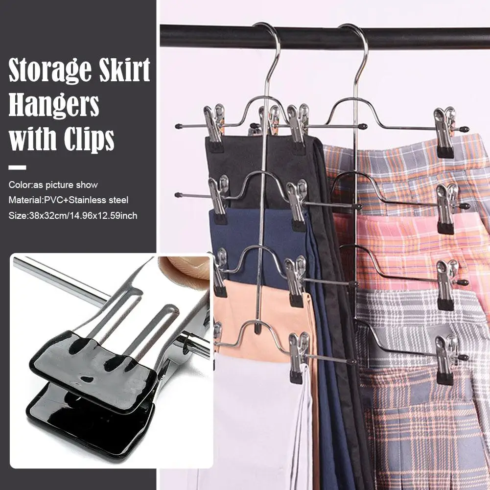 4-Tier Skirt Pants Shorts Hangers With Adjustable Clips 8 Skirt No Storage Clothing Rack Hanger Metal Space Slip Clips Savi L3L8