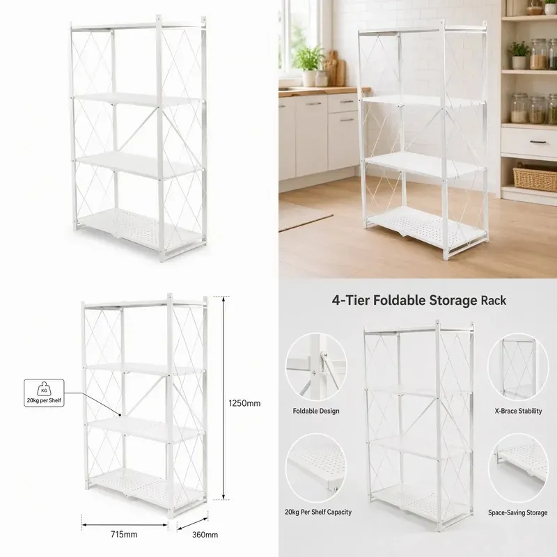 4 Layer Folding Storage Rack Space Saving No Assembly Required for Small Spaces Apartment Dormitory