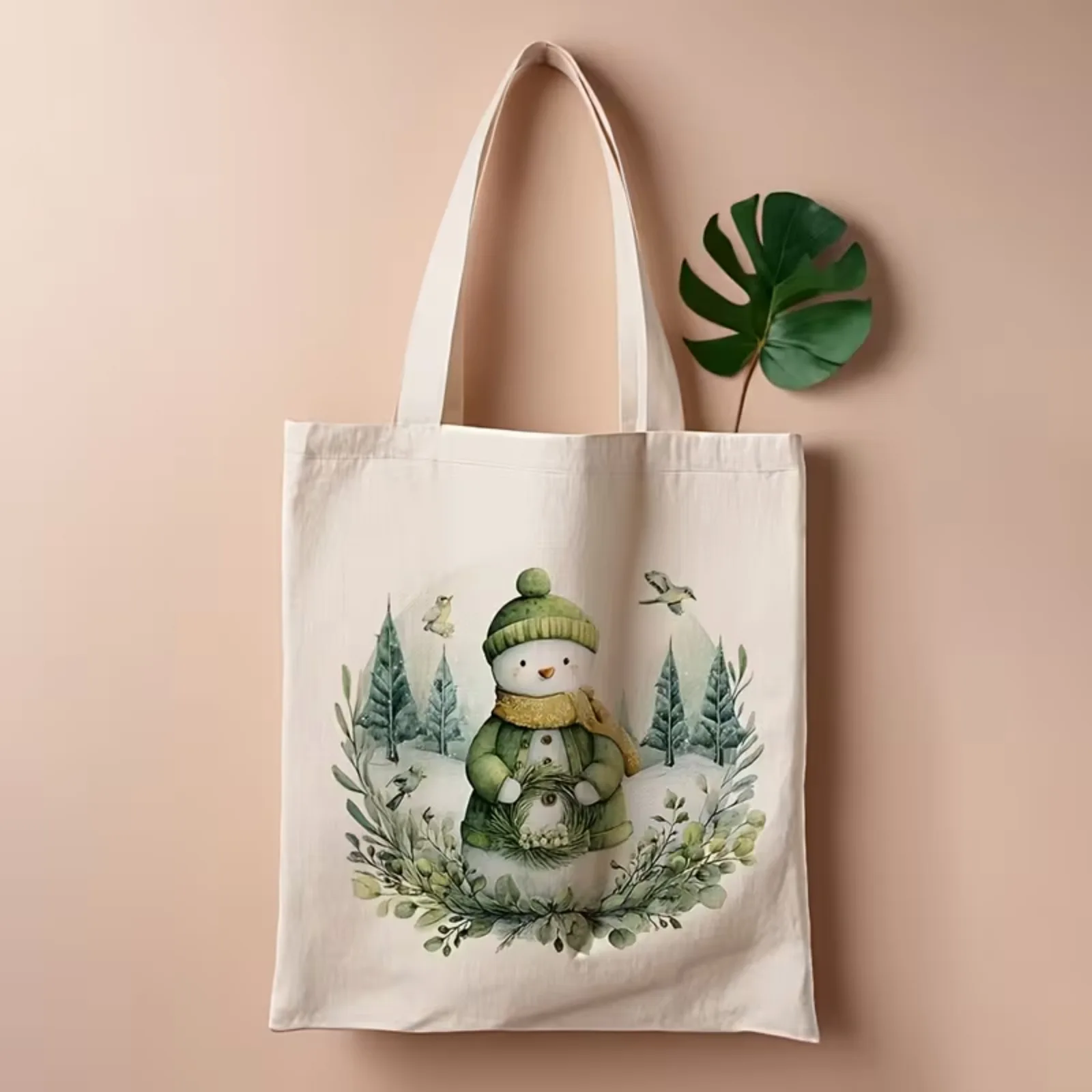 Christmas Holiday Gift Canvas Tote Bag Watercolor Green Snowman Winter Botanical Bird Print Reusable Shopping Bag for Women