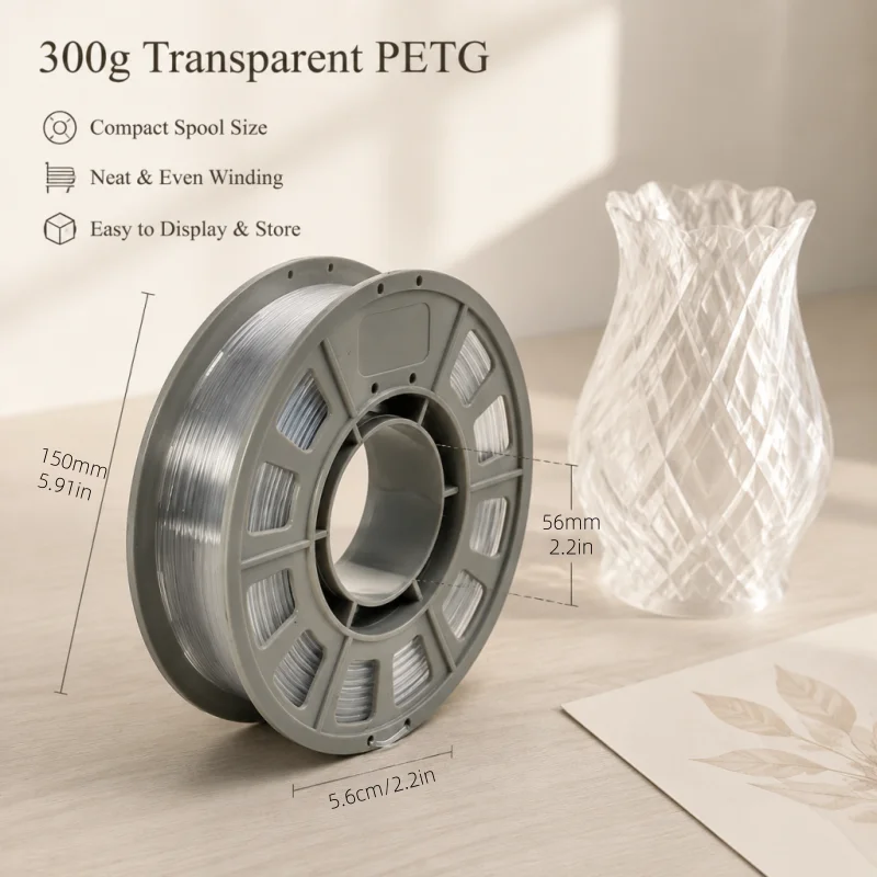 PETG 3D Printer Filament 1.75mm, 300g Compact Spool Transparent, Dimensional Accuracy +/- 0.03mm, Smooth Feeding for FDM Printers